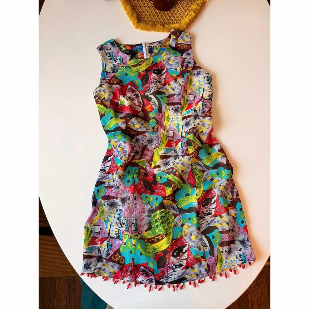 Vintage abstract mini dress with beaded hem